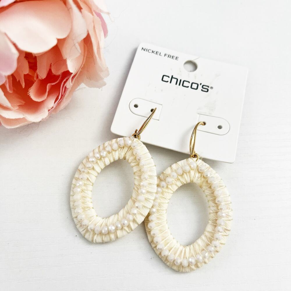 NEW Chico's Cream Sparkle Drop Hoop Earrings